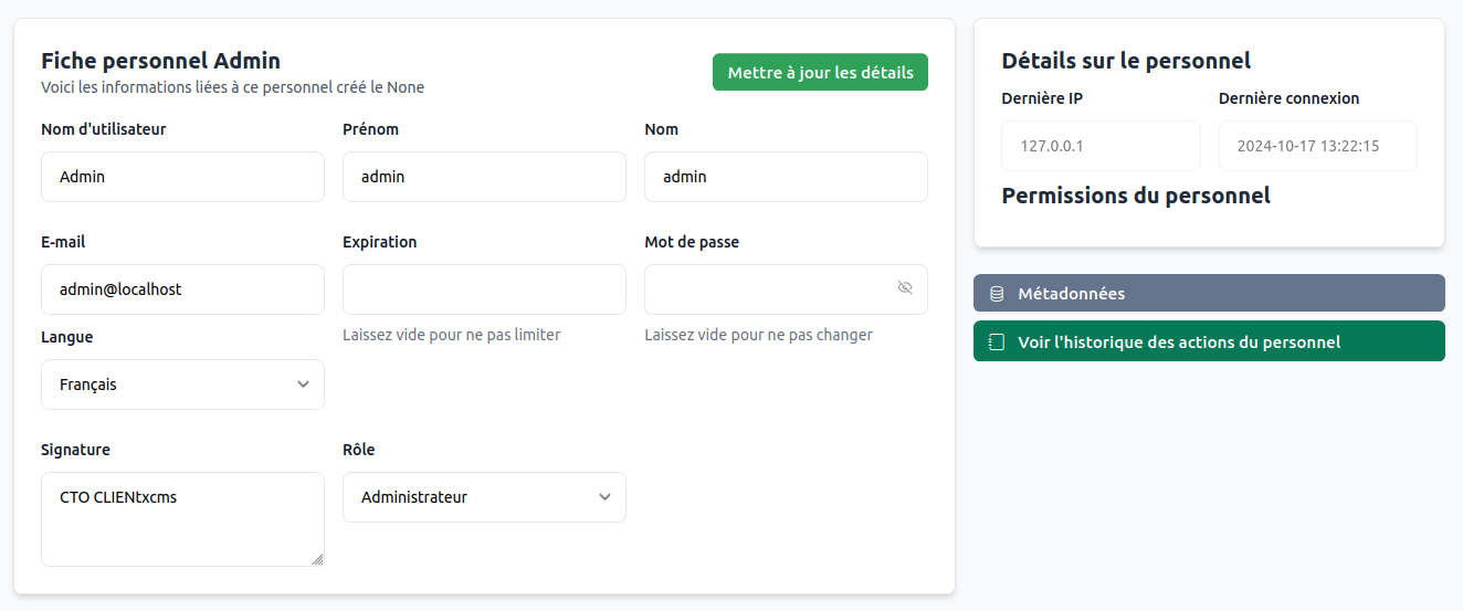 Interface de modification d'un compte