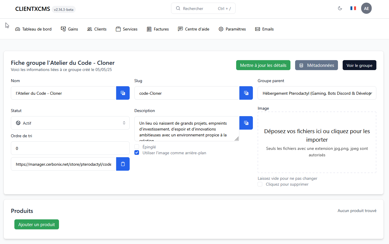 Vue du groupe cloner sans les groupes dans l'administration