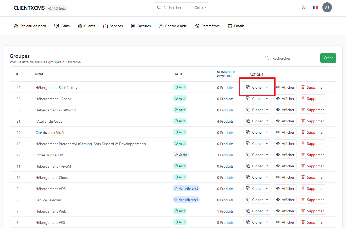 Vue de la liste des groupes avec l'option "cloner" dans l'administration