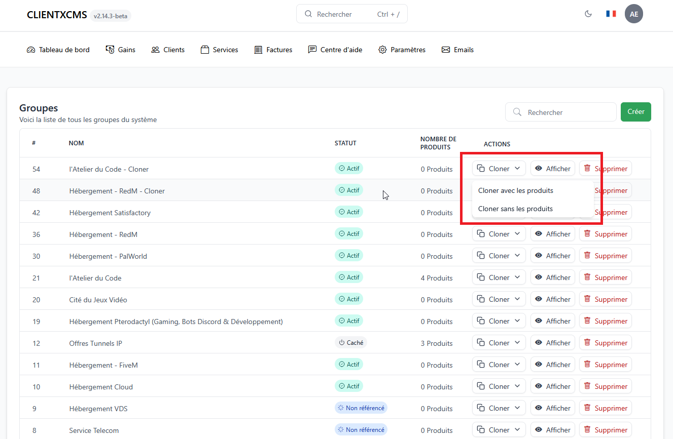Vue de la liste des groupes avec la fenêtre modal de l'option "cloner" dans l'administration