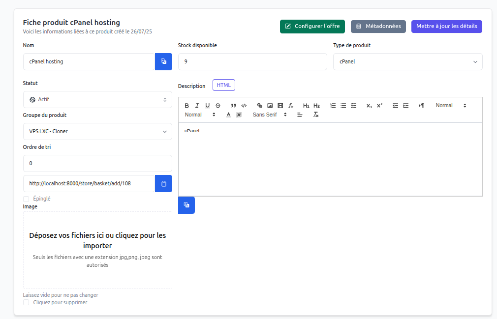 Configuration d'une offre cPanel