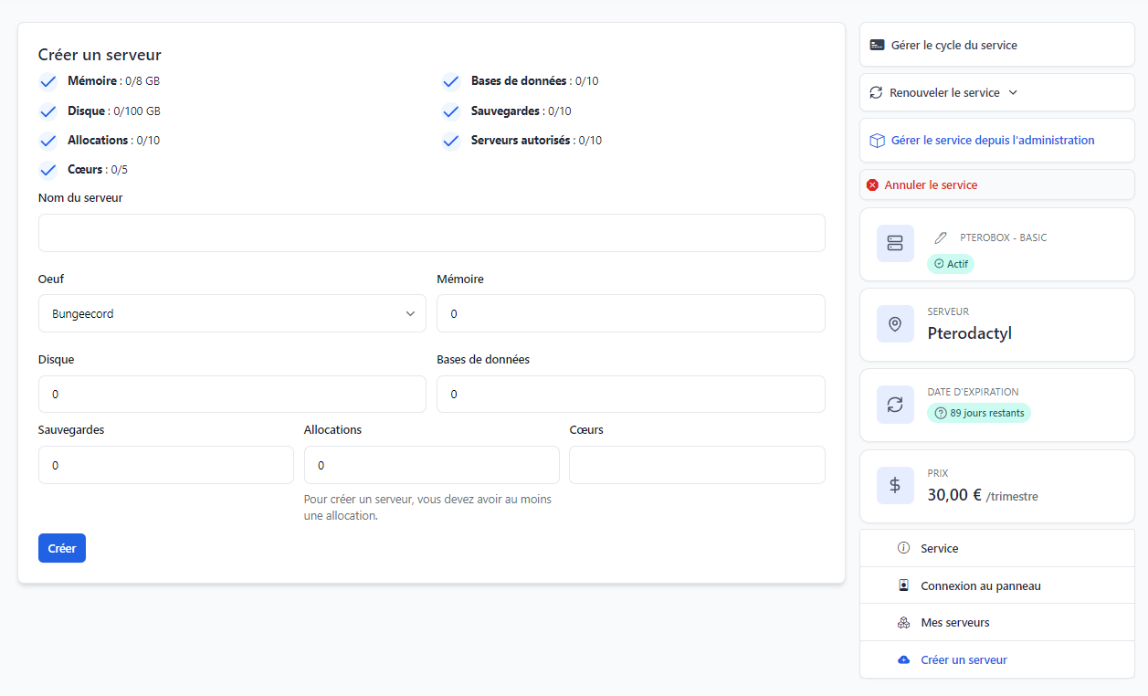 Création d'un serveur par le client