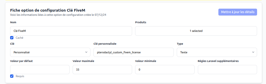 Configuration d'une option personnalisée