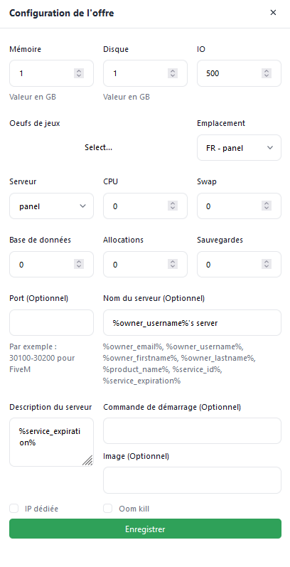 Exemple de configuration Pterodactyl
