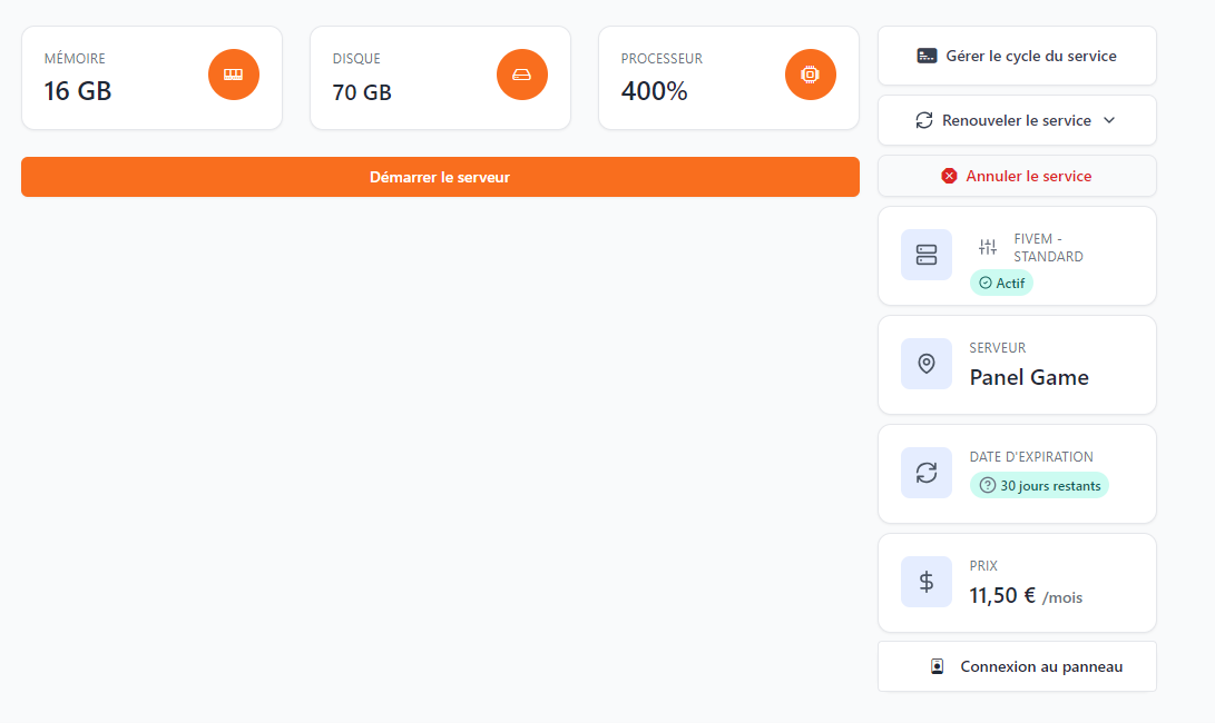 Gestion du serveur depuis l'espace client