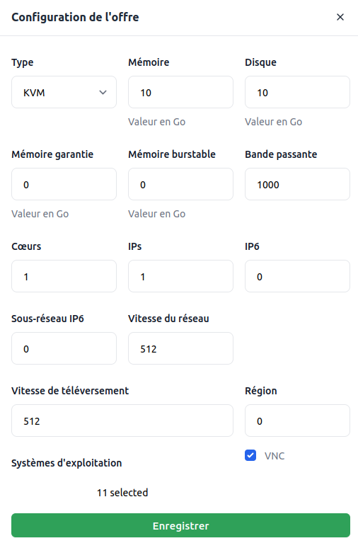 Configuration d'une offre Virtualizor Cloud