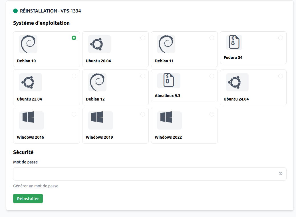 Réinstallation depuis l'espace client