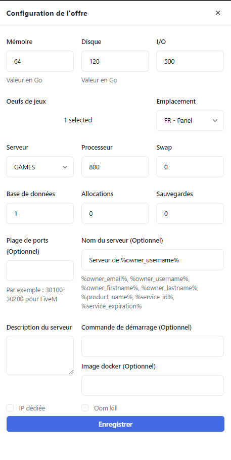 Configuration d'une offre Wisp