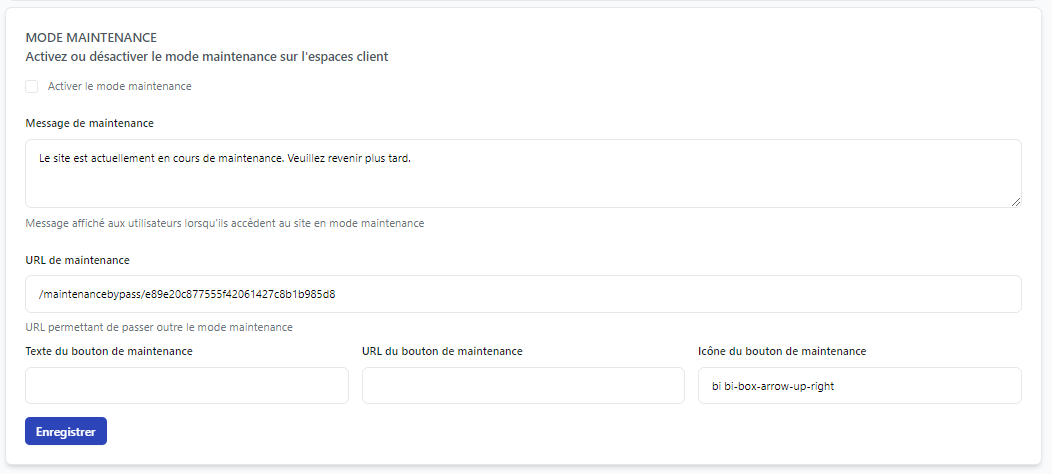 Accès à la configuration de la maintenance