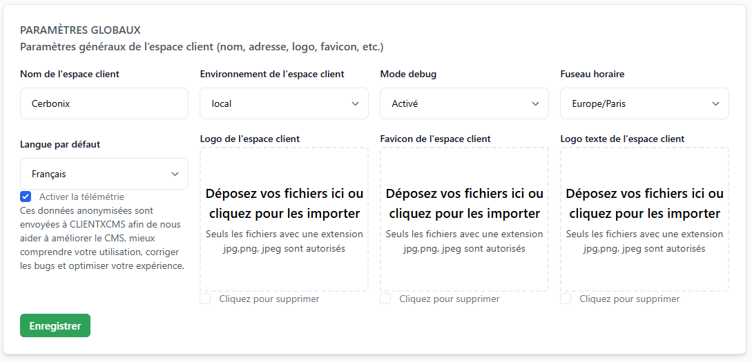Interface des paramètres généraux