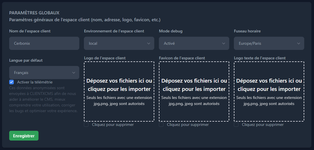 Interface des paramètres généraux