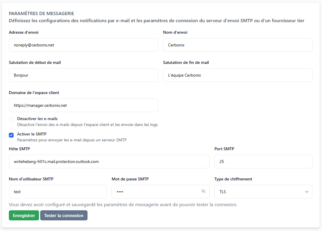 Interface de configuration de la messagerie