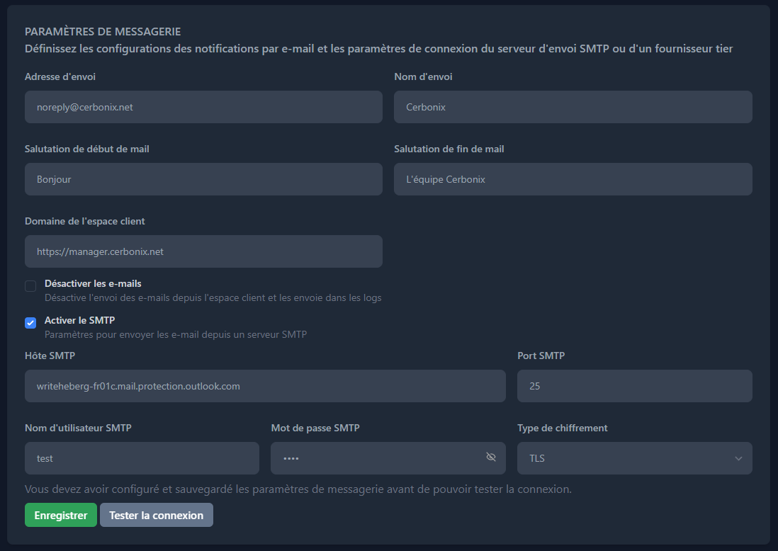 Interface de configuration de la messagerie