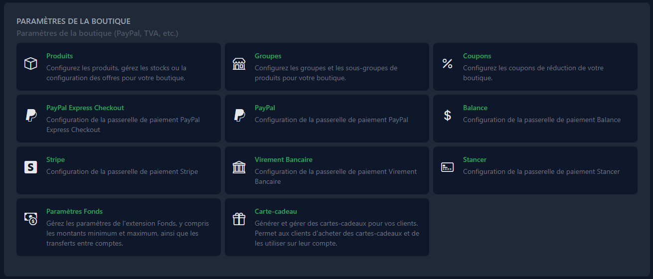 Paramètres de la boutique