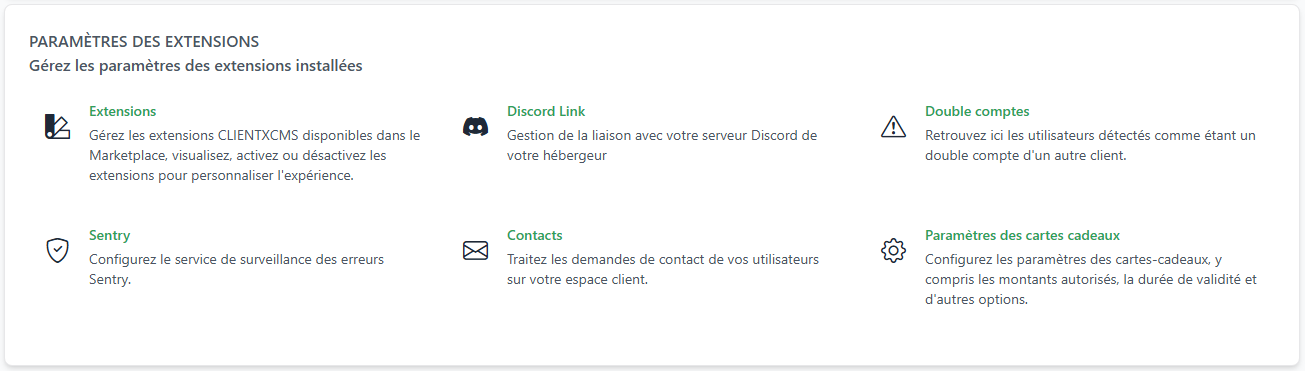 Paramètres des extensions