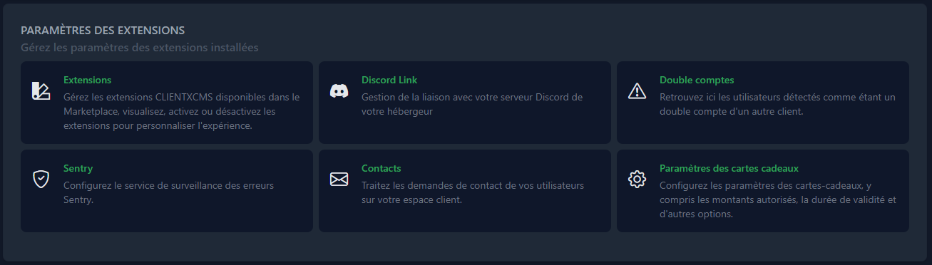 Paramètres des extensions